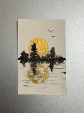 Original sunset landscape miniature realism painting sumi-e style collectible